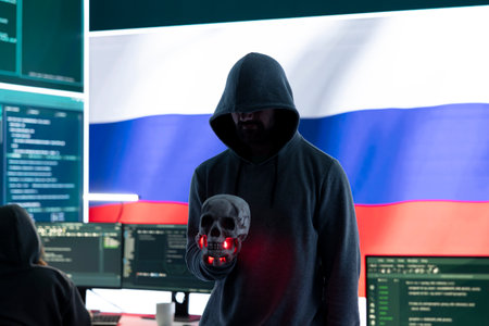 Conceptual image of a hooded hacker creating hazardous alerts, holds a skull and warning of death...