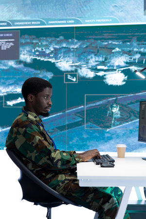 Military officer leads cybersecurity operations in a high tech operation room command post, ensuring...