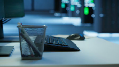 Devices in data center office used for managing supercomputers gear. Close up on computer...