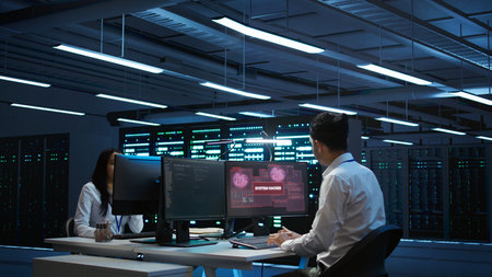 Team of programmers in server hub try to protect hardware from hacker attack. Data center...