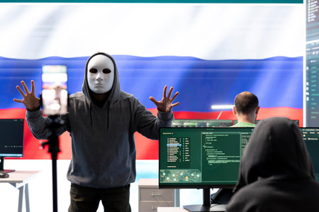 Anonymous person with mask asks for ransom in Russian governmental hacking room with the national...