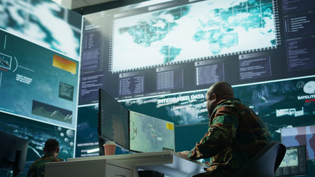 Government intelligence officer in operation room managing surveillance activity, gathering...
