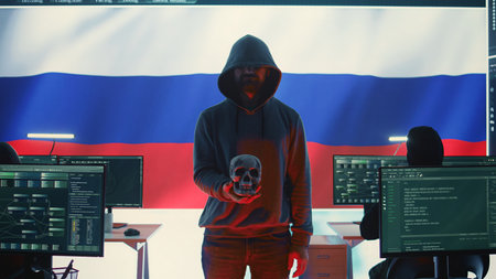 Digital outlaw hacker in a dark hood issuing cyber threats with a human skull. Man committing...