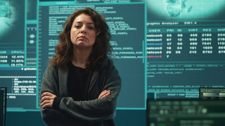 Cyber security expert in a national safety operations center detecting cyber attacks or threats. Governmental team focusing on data protection, cyber operations in progress. Camera A.の写真素材