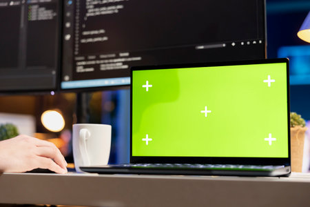 System administrator designing and developing software applications using green screen laptop. Tech...