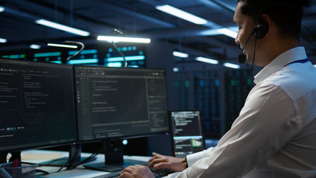 Data center agent providing logistics support in workspace, overseeing equipment rackmounts. Close up shot of server hub staff member communicating with repairmen, camera Bの写真素材
