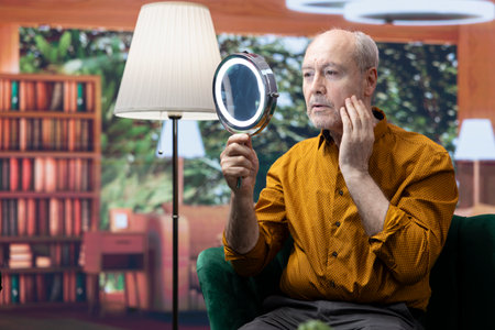 Elderly man applying serum and moisturizing cream on his cheeks, pampering skincare daily routine to preserve aging skin. Person using rejuvenating lotion for grooming, personal care.の写真素材