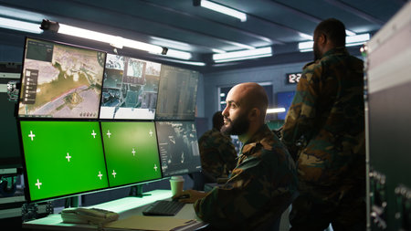 Military agent working in control room, using isolated screen software on laptop, analyzing aerial...