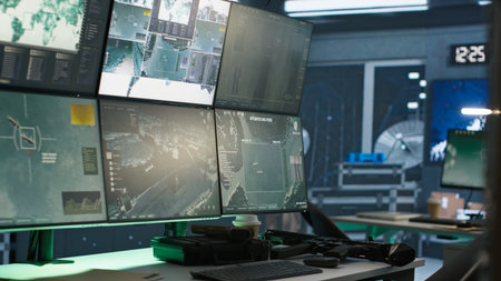 Close up of screens in empty control center housing operational missile defense system designed to intercept ballistic threats. Monitors in army headquarters used for tracking rockets with radarの写真素材