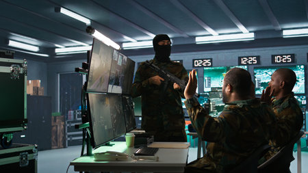 Soldiers in a command post with rifles. A soldier using a gun to control others during an enemy base...