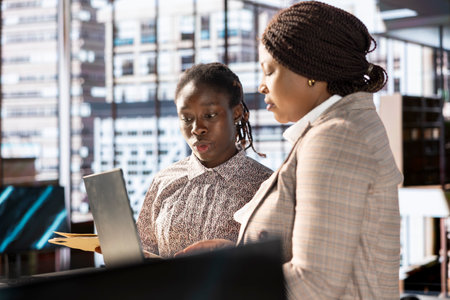African american CEO and employee review company numbers, creating a roadmap that includes goals, strategies and resource allocation management. Specialists meet corporate objectives.の写真素材