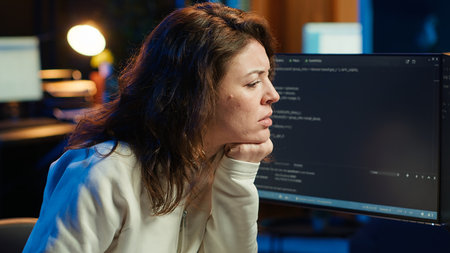 Worried cybersecurity expert pouting after finding many security vulnerabilities, scared of malware...