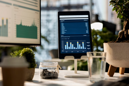 Empty business workspace with device showing data analytics and infographics, a corporate space with office equipment within a skyscraper. Luxury workplace with numbers on screen.の写真素材