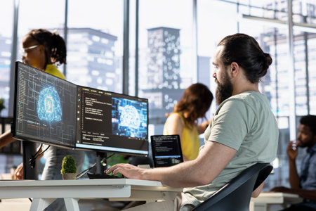 Admin using computer for artificial intelligence computing simulating human brain through self...