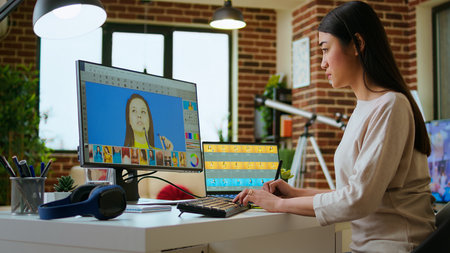 Asian creative woman edits photos using professional design software in a modern home office. Working with digital tools in the graphic design industry, retouching techniques. Camera A.の写真素材