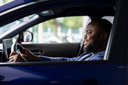Smiling man enjoying car test drive in showroom, making sure he feels comfortable and enjoys driving...