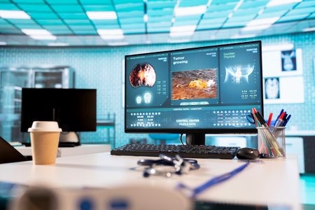 Empty doctor office awaiting a patient visit featuring diagnostic equipment and medical technology, ideal for health check ups and personalized healthcare services. Insurance system.の写真素材