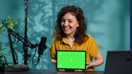 Cheerful media star doing mockup tablet unboxing content. Upbeat tech expert does influencer marketing, presenting green screen device, camera Aの写真素材