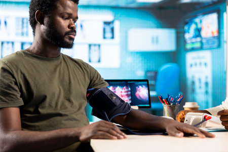 Medic expert measuring blood pressure with a blood pressure monitor, checking the pulse and...