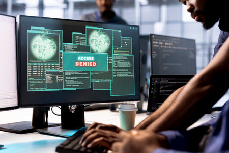 Employee receiving access denied notification on PC display in data center facilityの写真素材