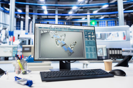 PC screen in solar panels manufacturing plant used to study solar energy systems. Close up of...