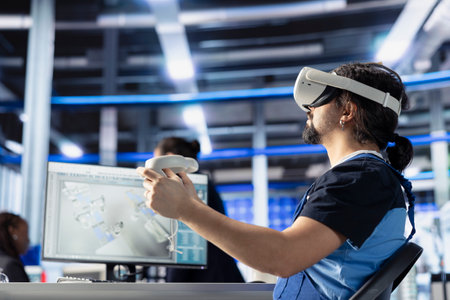 Solar panels plant worker analyzing performance data and optimizing efficiency using VR headset....