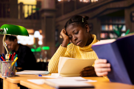 Diverse teenagers pupils in a library reading books for a school assignment, focusing on curriculum based knowledge and literary exploration. Young girls enjoy required literature.の写真素材