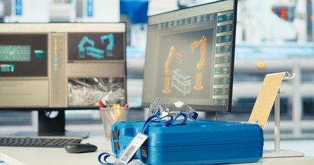 Toolbox on desk in empty photovoltaics factory and PC used for analyzing data and reviewing system...