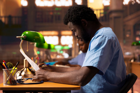 African american med student documenting on medical practice and takes notes, learning pharmacology at the campus library. Young adult studying for a healthcare career, academic research.の写真素材