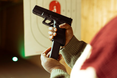 Shooting range customer preparing equipment, reloading handgun magazine with bullets, preparing to...