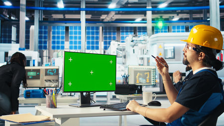 Photovoltaics factory specialist building models of renewable energy generators on green screen PC....