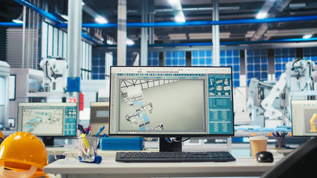 PC monitor on desk in green energy solar panels plant with CAD software used to optimize layouts....