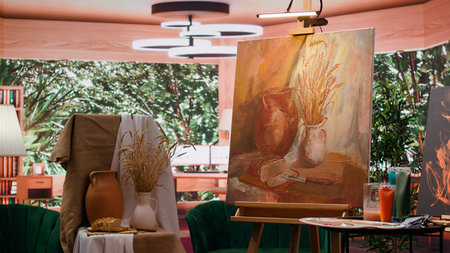 Empty art and craft workshop with a rustic beautiful painting on canvas, creative work with...