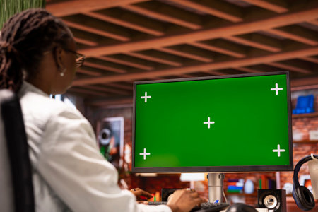 Woman inputting data on chroma key PC, completing spreadsheets in home office. African american person editing documents on isolated screen computer, updating reports and filesの写真素材