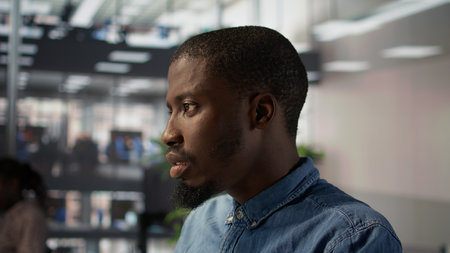 General director sits at his computer frustrated and overwhelmed by the workload of business tasks. Expert dealing with fatigue after experiencing pressure at work, tough day at the office. Camera B.の写真素材