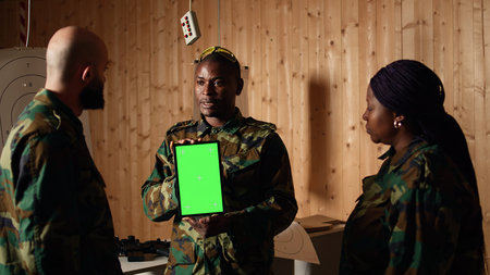Team of military units at shooting range watching video on green screen tablet to learn necessary combat skills. Army soldiers looking at instructions on chroma key device during training, camera Aの写真素材