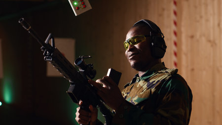 Portrait of cheerful soldier doing training in shooting range, reloading rifle. Joyous military unit...