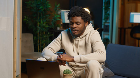 Newly hired man beginning training session on remote video call connection, meeting online with...