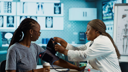 Black medic practitioner takes blood pressure with a blood pressure monitor, does a consultation with female patient using modern advanced tools for the checkup routine. Camera A.の写真素材