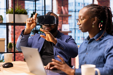 Self employed couple navigates remote work with advanced technology, young man explores 3D...