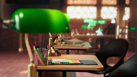 Empty old fashioned library filled with vintage decorations and refined wooden desks, lovely classic...