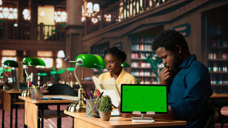 African american students consulting research papers next to green screen from the academic database, learning information from copy books. Young team of pupils at the library. Camera A.の写真素材