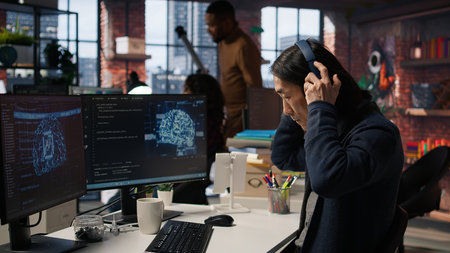 CTO manager in artificial intelligence focused startup drinking coffee, listening music and...
