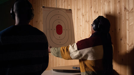 Woman in firing range training with pistol, looking at results on paper target. African american person doing shooting sport, sharpening skills, checking points scored on bullseye, camera Aの写真素材