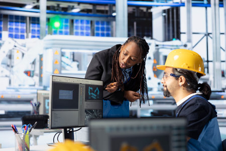 Man and woman working in photovoltaics factory optimizing production flow. African american manager...