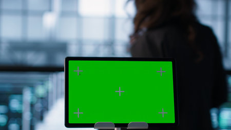 Close up of chroma key tablet and teamworking programmers in server room adjusting power management settings. Focus on isolated screen mockup device in front of data center technicians, camera Aの写真素材