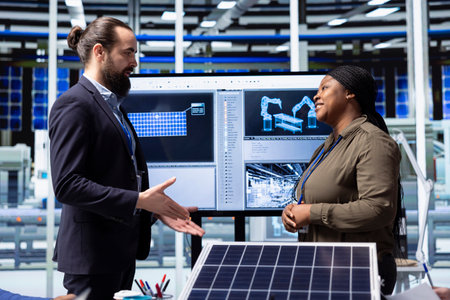 Photovoltaics factory manager meeting with shareholder to discuss business operations and growth plans. Solar panels plant management executive talking with investor, doing deal evaluationの写真素材