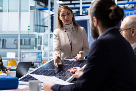Solar panels manufacturing plant managers brainstorming steps to take in reducing downtime. Photovoltaics factory management taking notes of upgrades to make after diagnosing malfunctioning systemsの写真素材