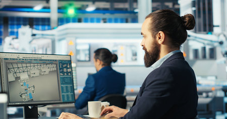 Photovoltaics factory engineer looking over paperwork documents, analyzing data. Solar panels manufacturing plant employee reading documentation files, troubleshooting technical issues, camera Bの写真素材