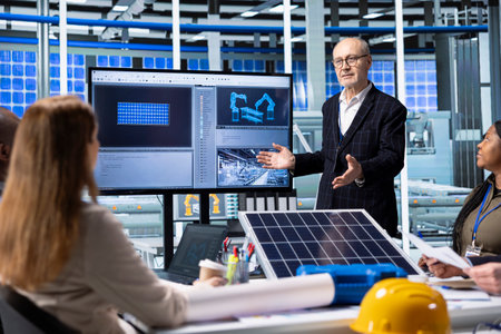 Photovoltaics plant executives analyze green energy manufacturing industrial equipment. Solar panels factory company investors review quarterly production output to evaluate investment profitabilityの写真素材